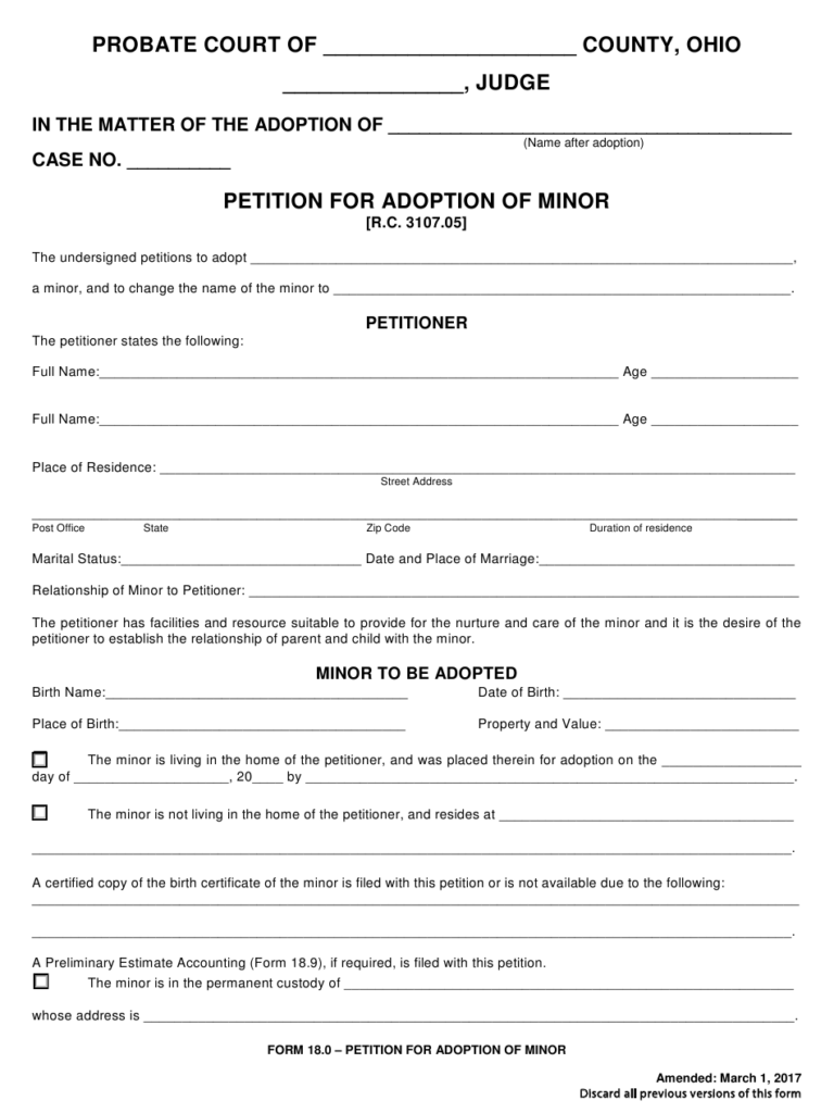 Form 18 0 Download Fillable PDF Or Fill Online Petition For Adoption Of 