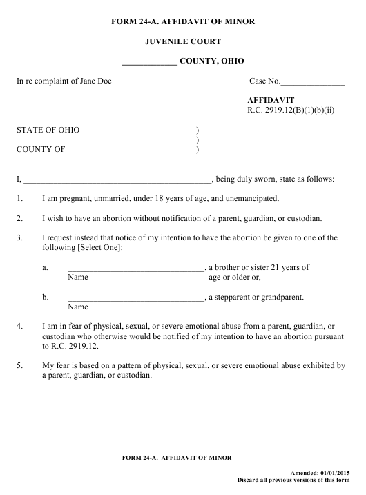 Form 24 A Download Fillable PDF Or Fill Online Affidavit Of Minor Ohio