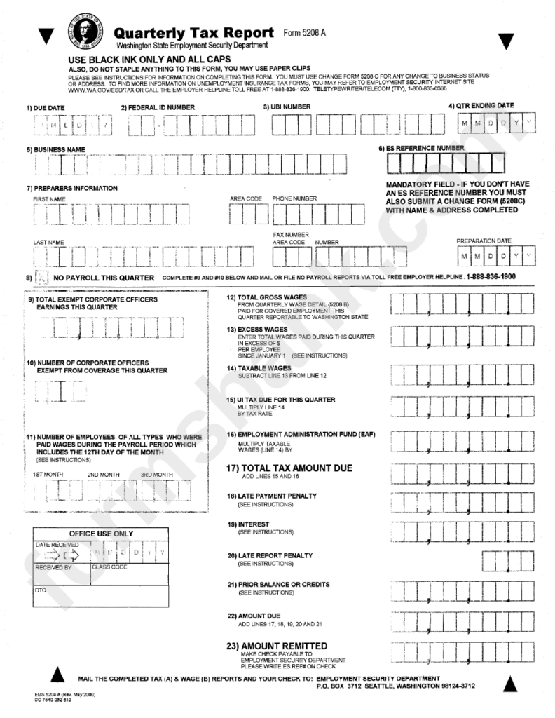 Form 5208 A Quarterly Tax Report 2000 Printable Pdf Download