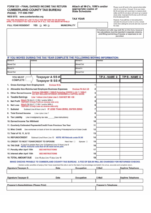 Form 531 Final Earned Income Tax Return Cumberland County Printable 