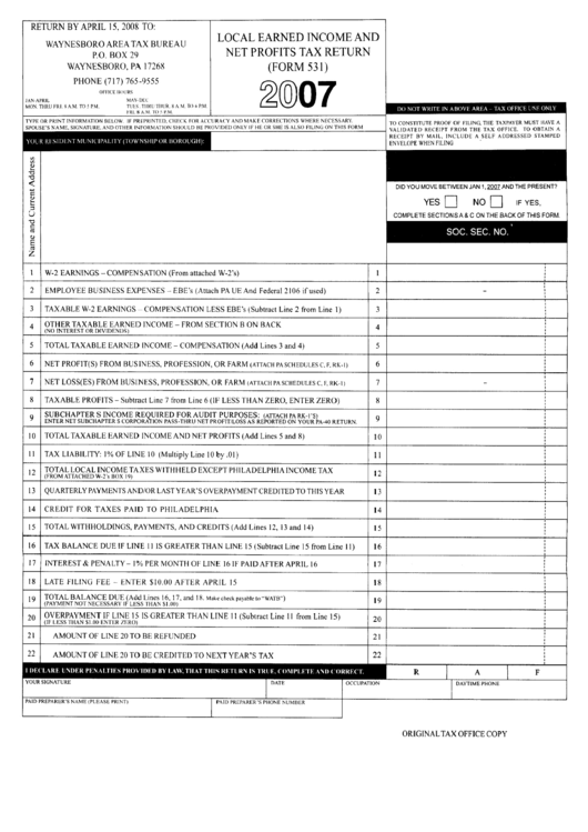 Form 531 Local Earned Income And Net Profits Tax Return 2007