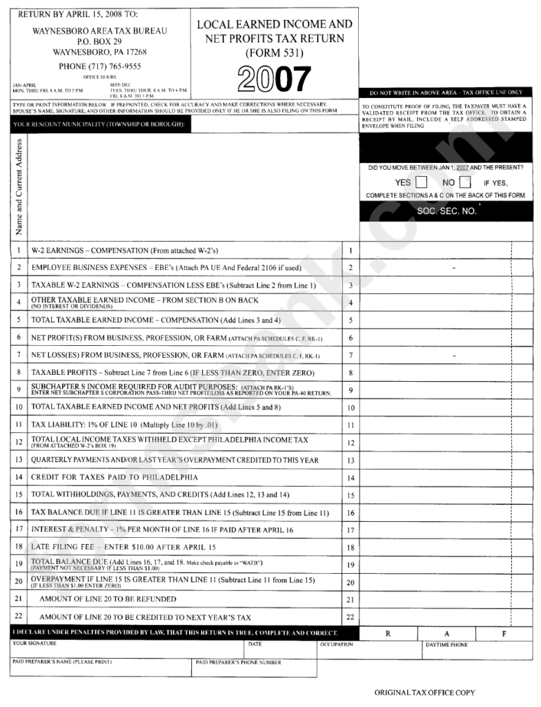 Form 531 Local Earned Income And Net Profits Tax Return 2007 