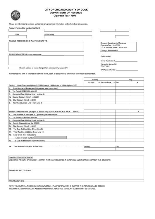 Form 7506 Cigarette Tax Stamp Return City Of Chicago county Of Cook 