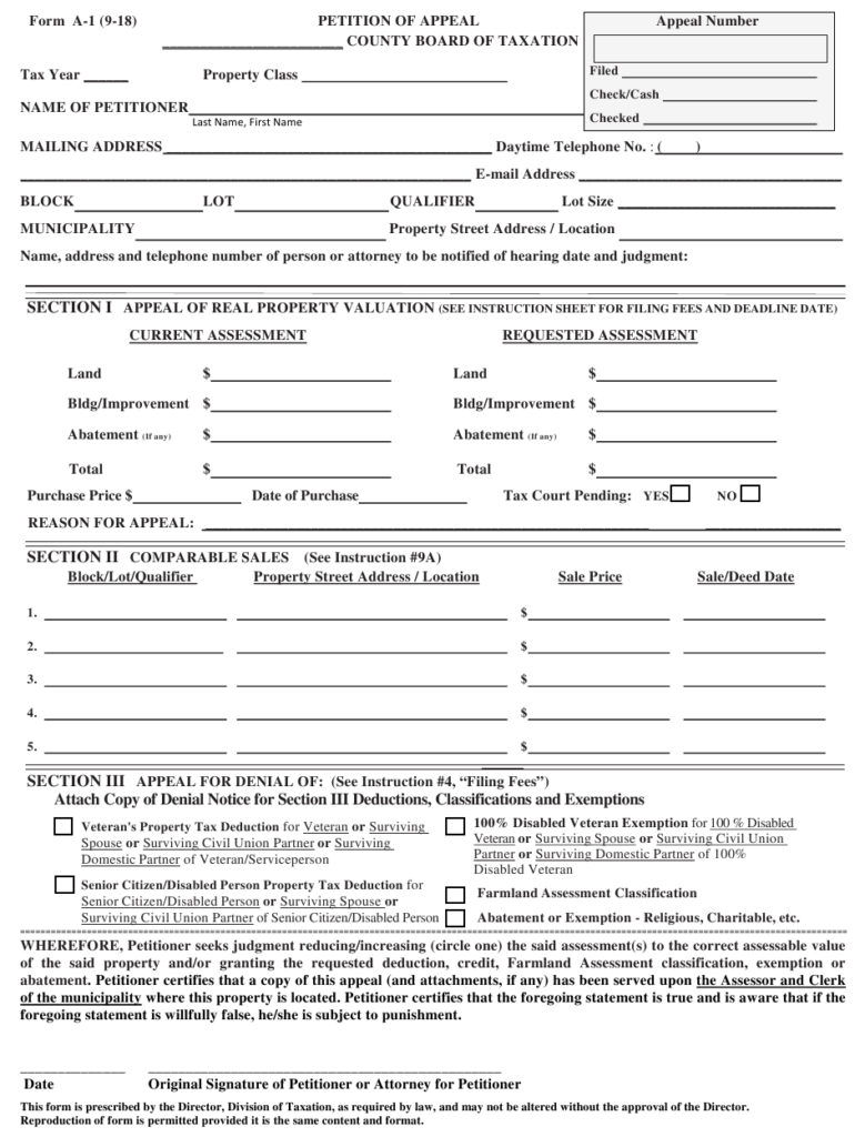 Form A 1 Download Fillable PDF Or Fill Online Petition Of Appeal New 