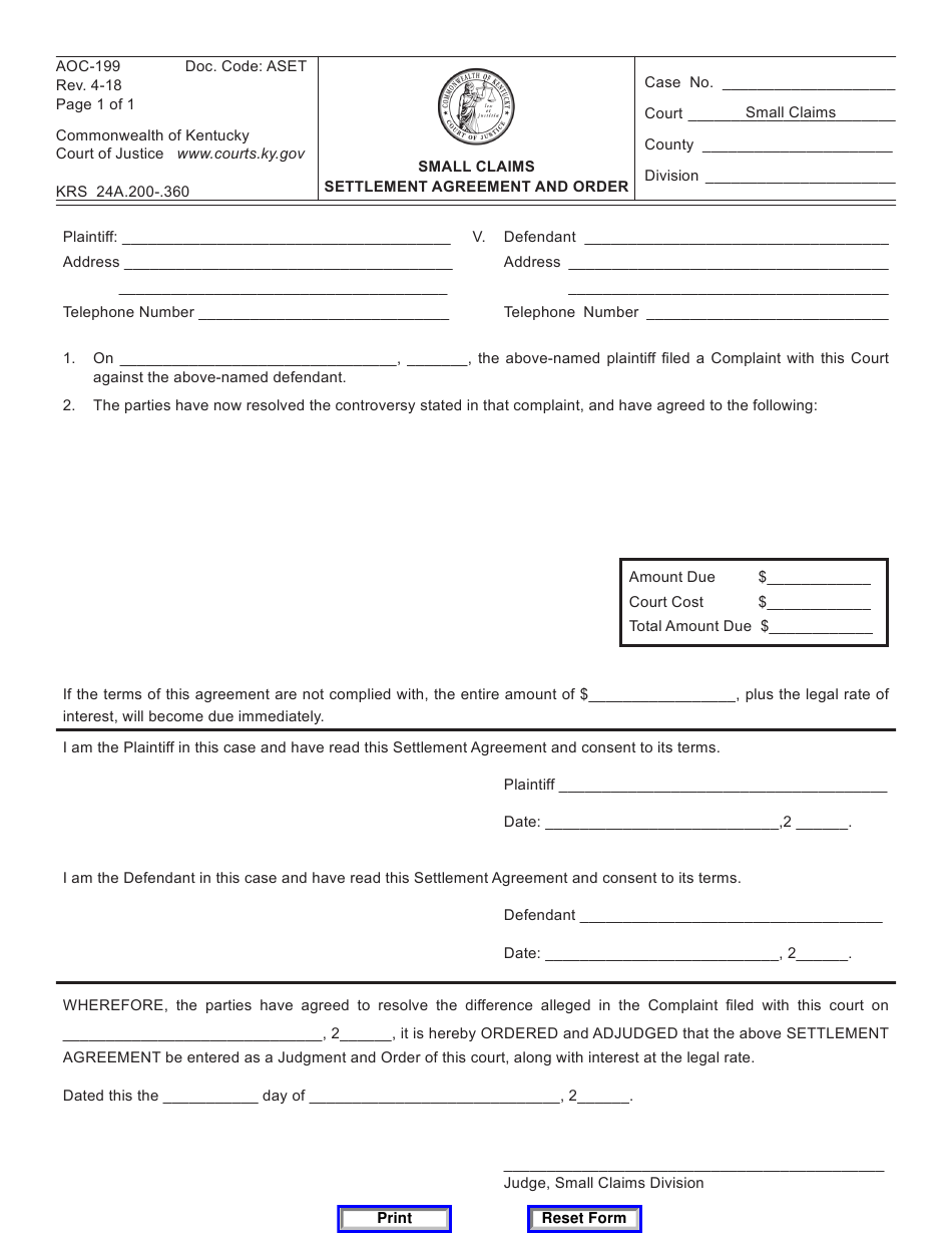 Form AOC 199 Download Fillable PDF Or Fill Online Small Claims 