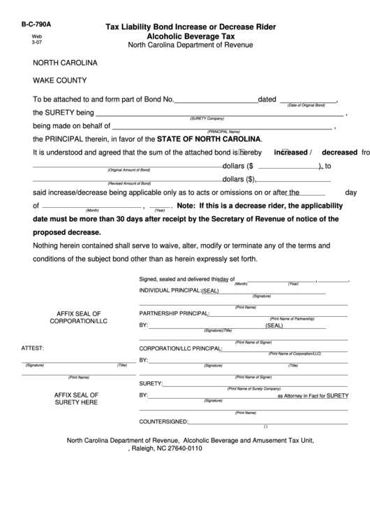 Form B C 790a Tax Liability Bond Increase Or Decrease Rider Alcoholic 