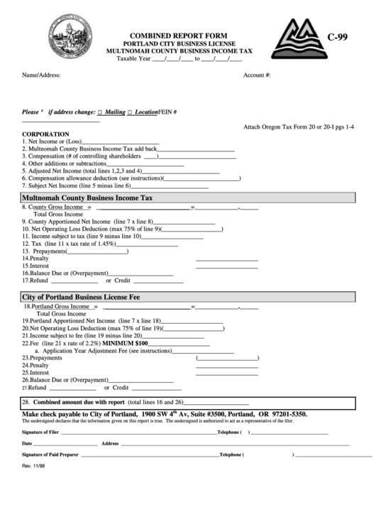 Form C 99 Combined Report Form Multnomah County Business Income Tax 