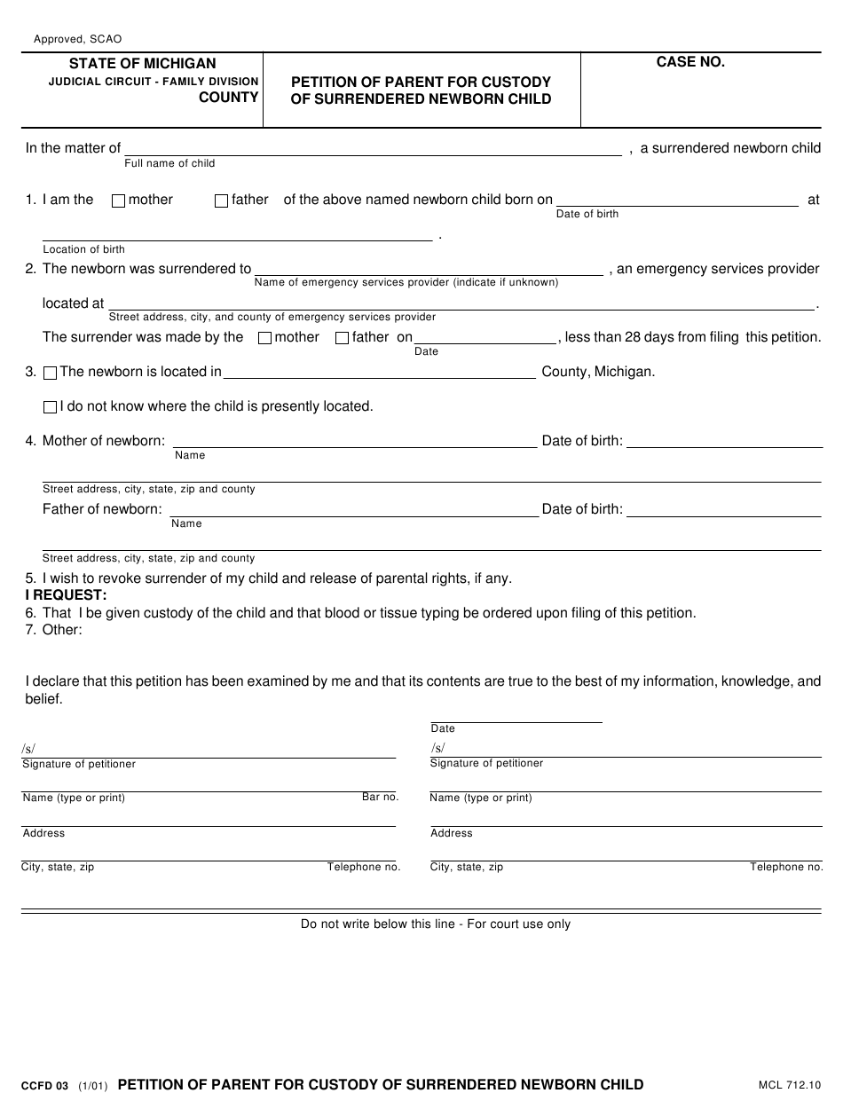 Form CCFD03 Download Fillable PDF Or Fill Online Petition Of Parent For 