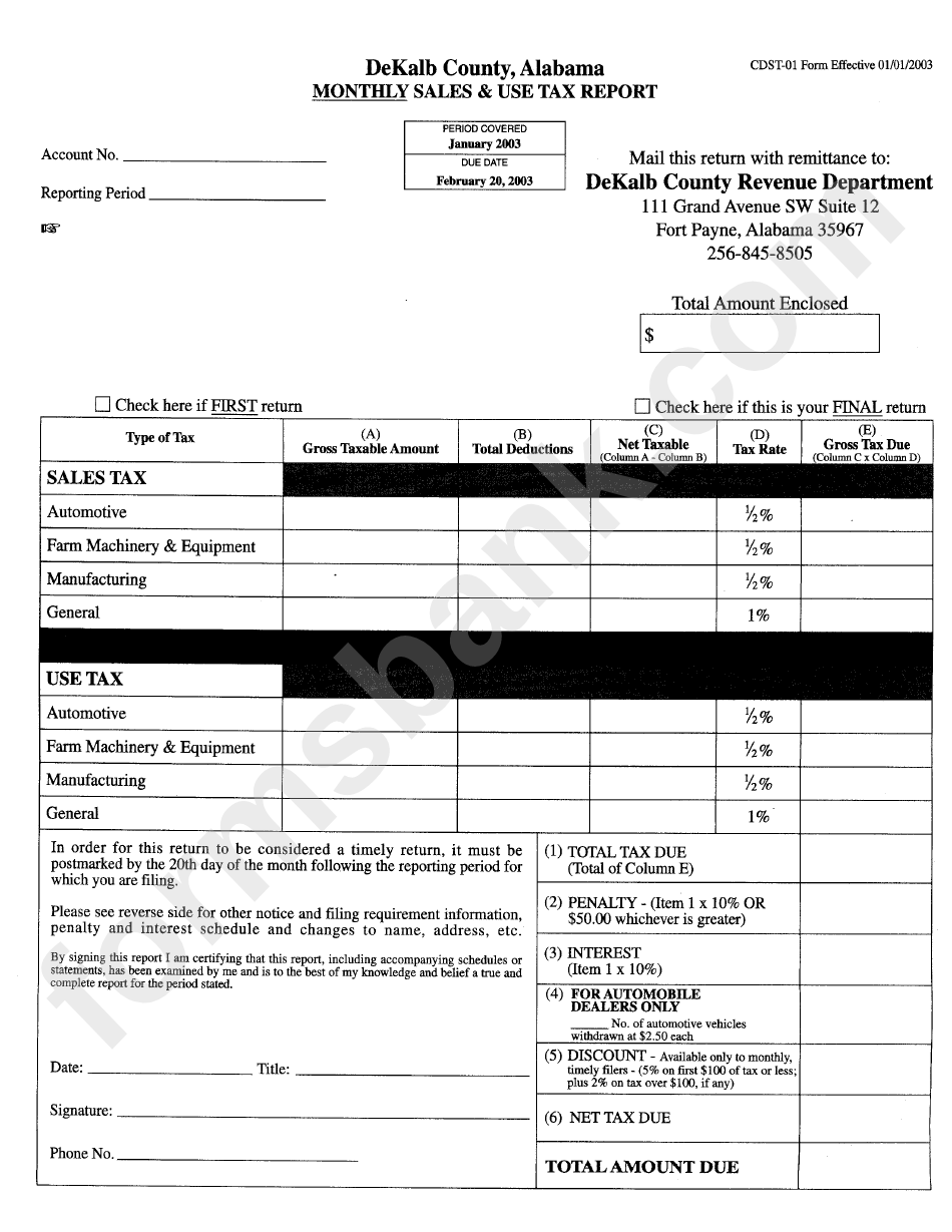 Form Cdst 01 Monthly Sales Use Tax Report Dekalb County Alabama 