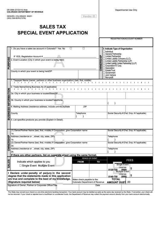 Form Dr 0589 Sales Tax Special Event Application 2010 Printable Pdf 