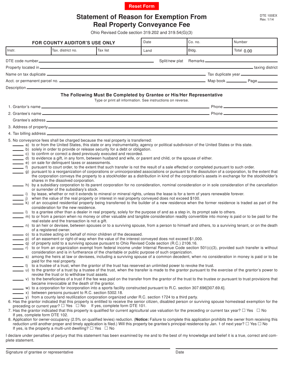 Form DTE100EX Download Fillable PDF Or Fill Online Statement Of Reason 