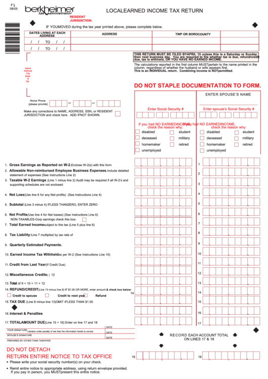 Form F1 Local Earned Income Tax Return Pennsylvania Printable Pdf 