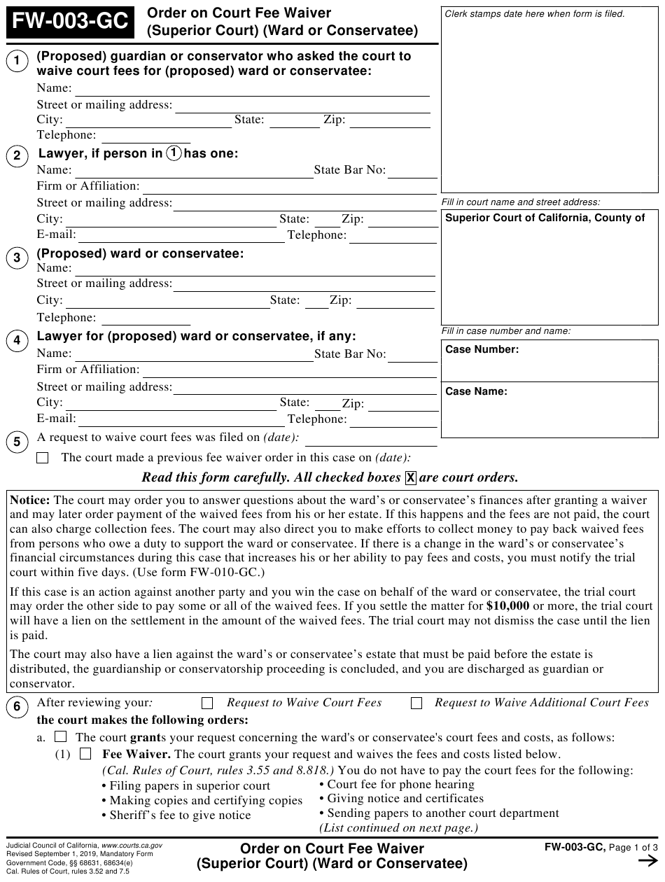 Form FW 003 GC Download Fillable PDF Or Fill Online Order On Court Fee 