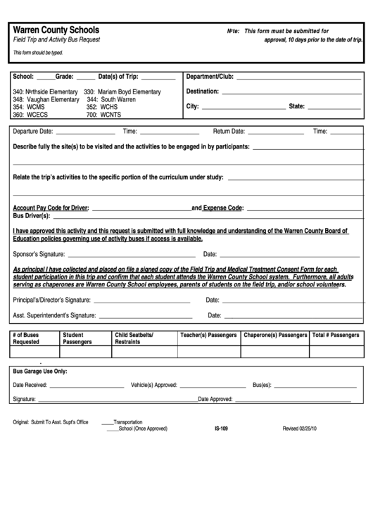 Form Is 109 Field Trip And Activity Bus Request Printable Pdf Download