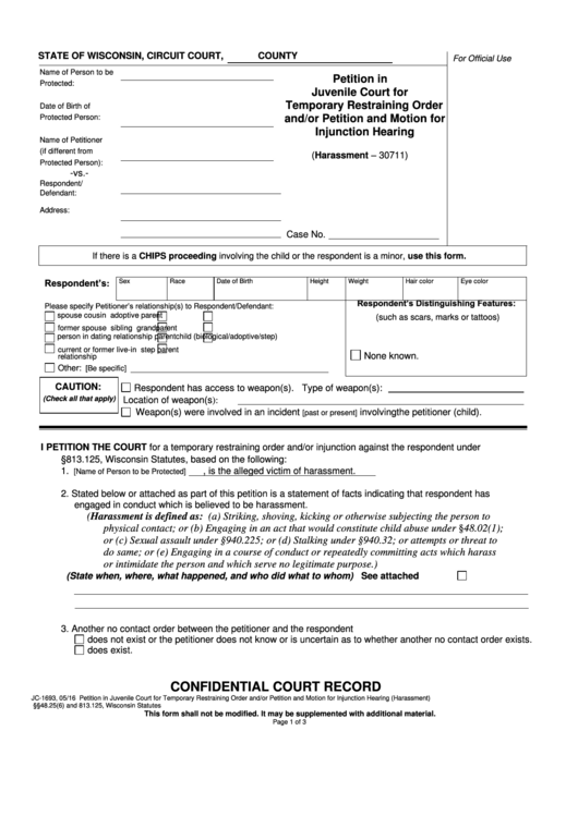 Form Jc 1693 Petition In Juvenile Court For Temporary Restraining 