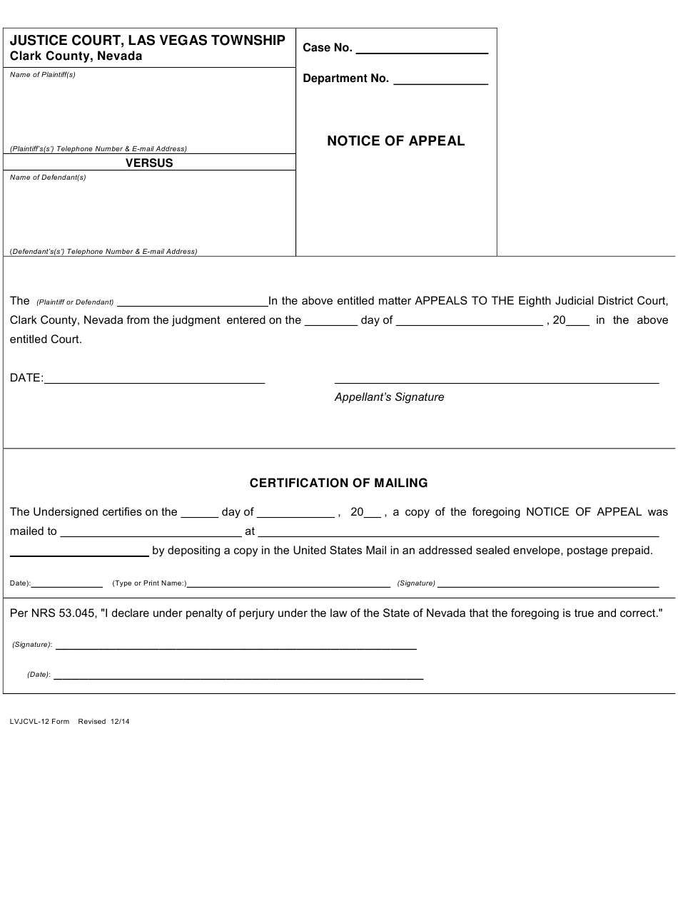 Form LVJCVL 12 Download Fillable PDF Or Fill Online Justice Court 