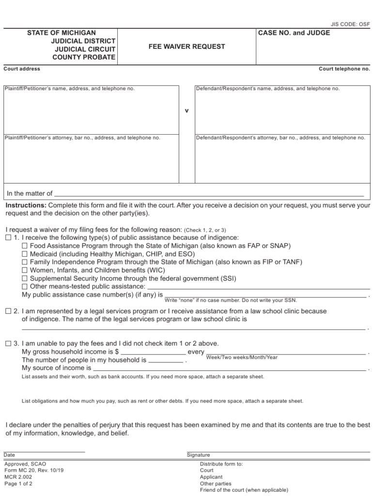 Form MC20 Download Fillable PDF Or Fill Online Fee Waiver Request 