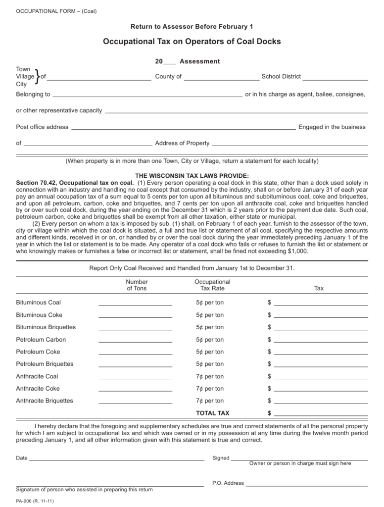 Form PA 006 Download Printable PDF Or Fill Online Occupational Tax On 