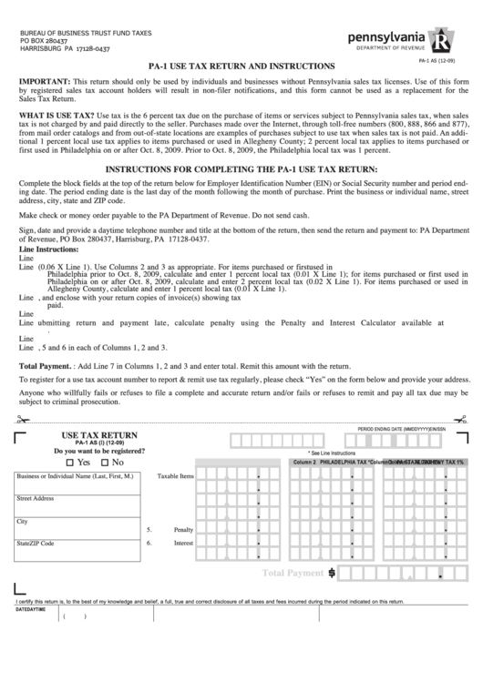 Form Pa 1 Use Tax Return Printable Pdf Download