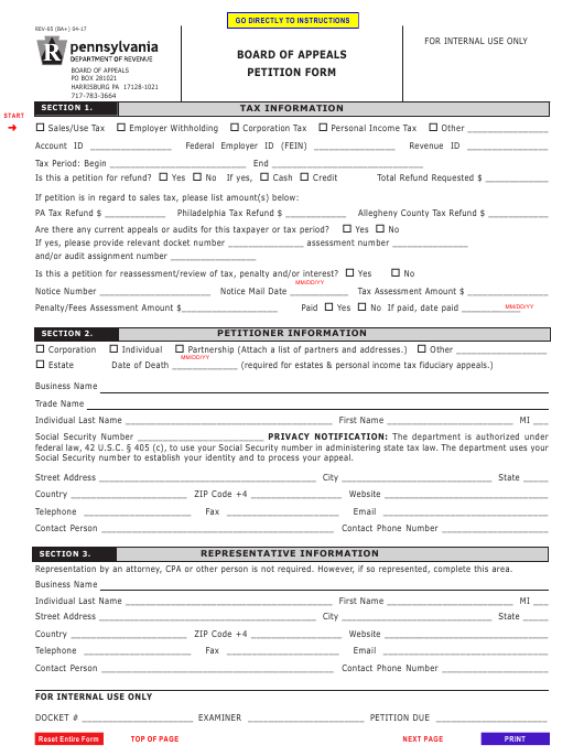 Form REV 65 Download Fillable PDF Board Of Appeals Petition Form 