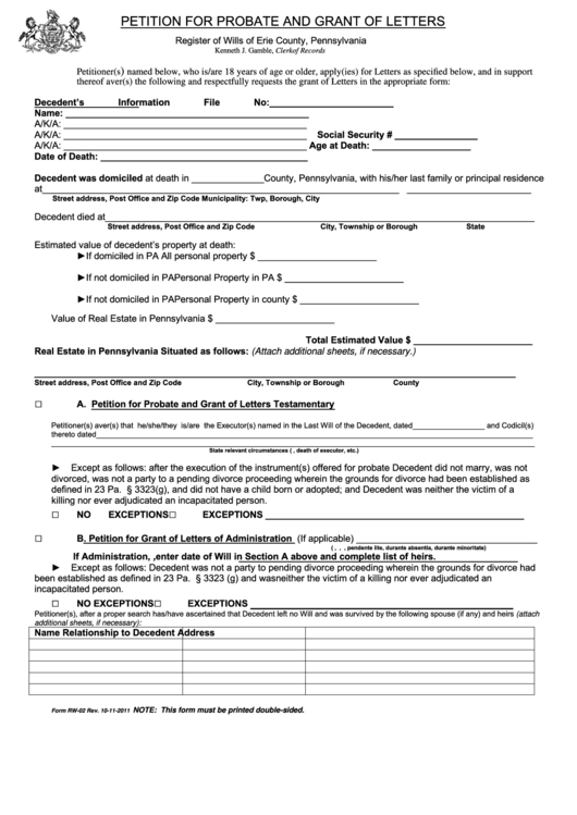 Form Rw 02 Petition For Probate And Grant Of Letters Register Of 