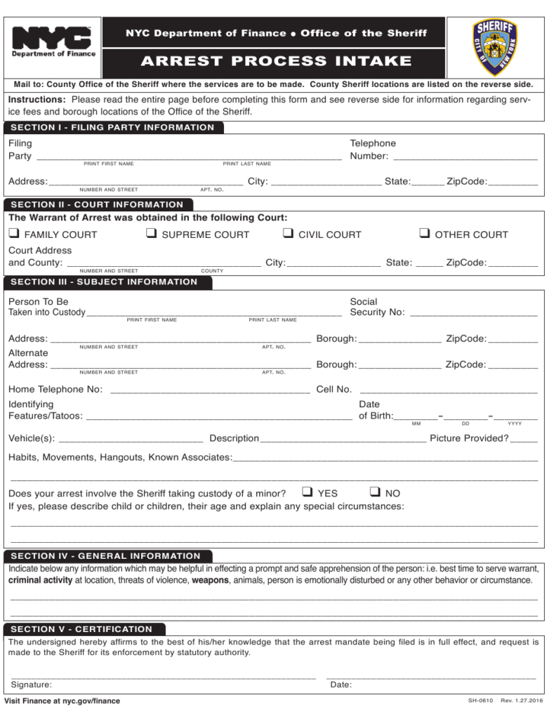 Form SH 0610 Download Printable PDF Or Fill Online Arrest Process 