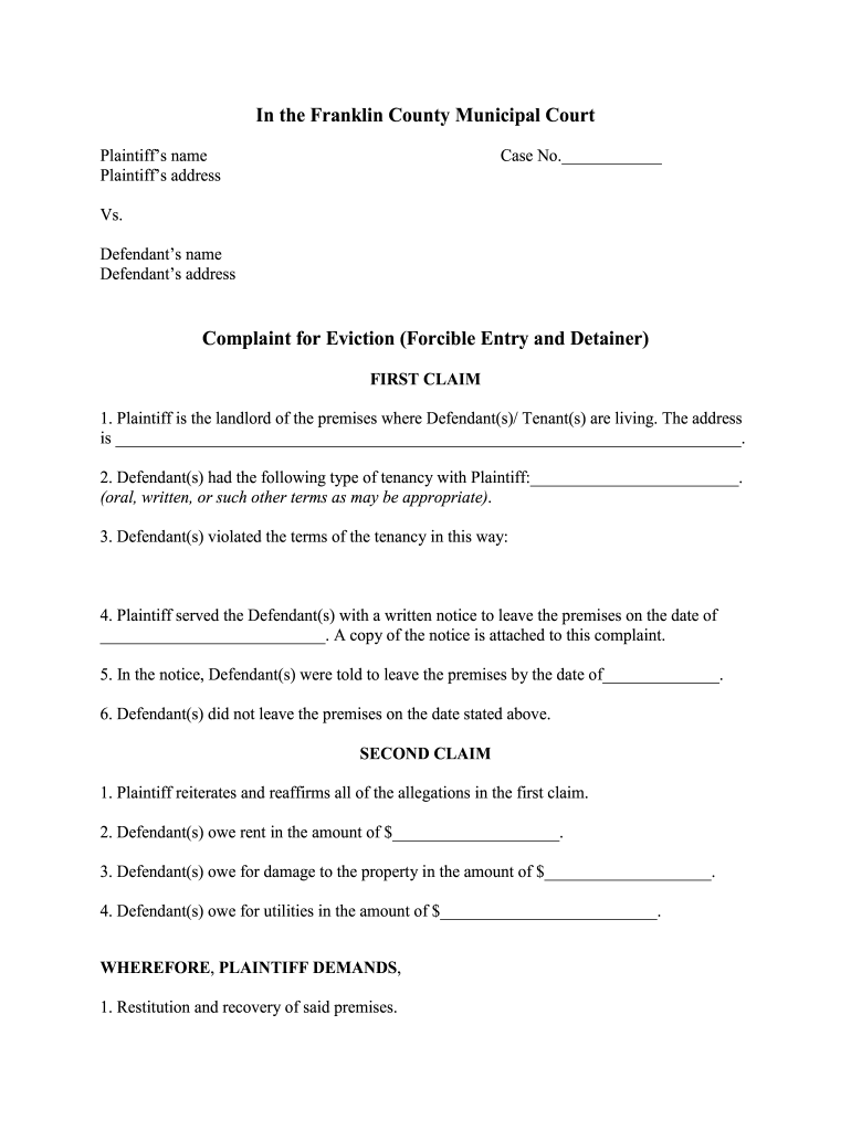 Franklin County Ohio Online Eviction Filing Fill Online Printable