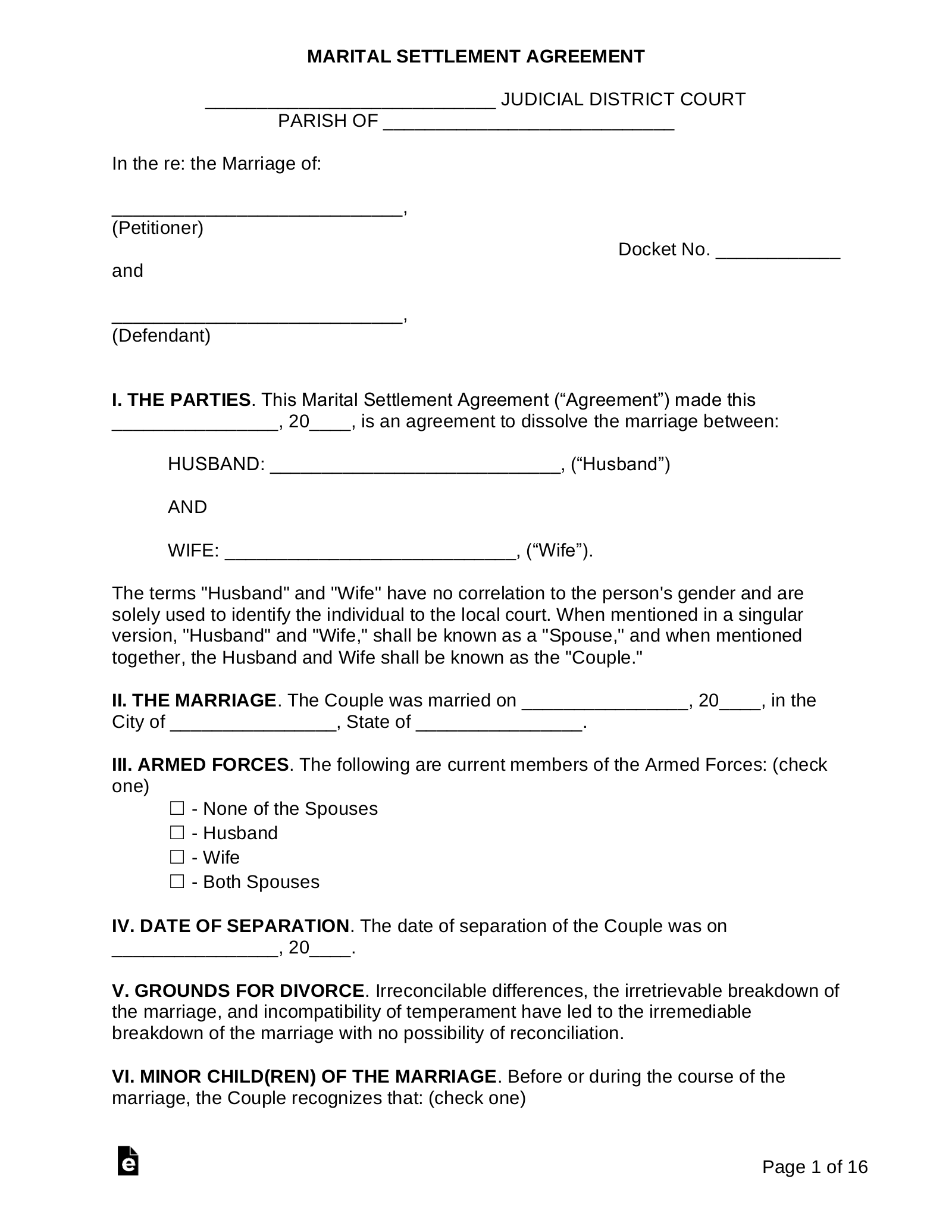 Free Louisiana Marital Settlement Agreement PDF Word EForms