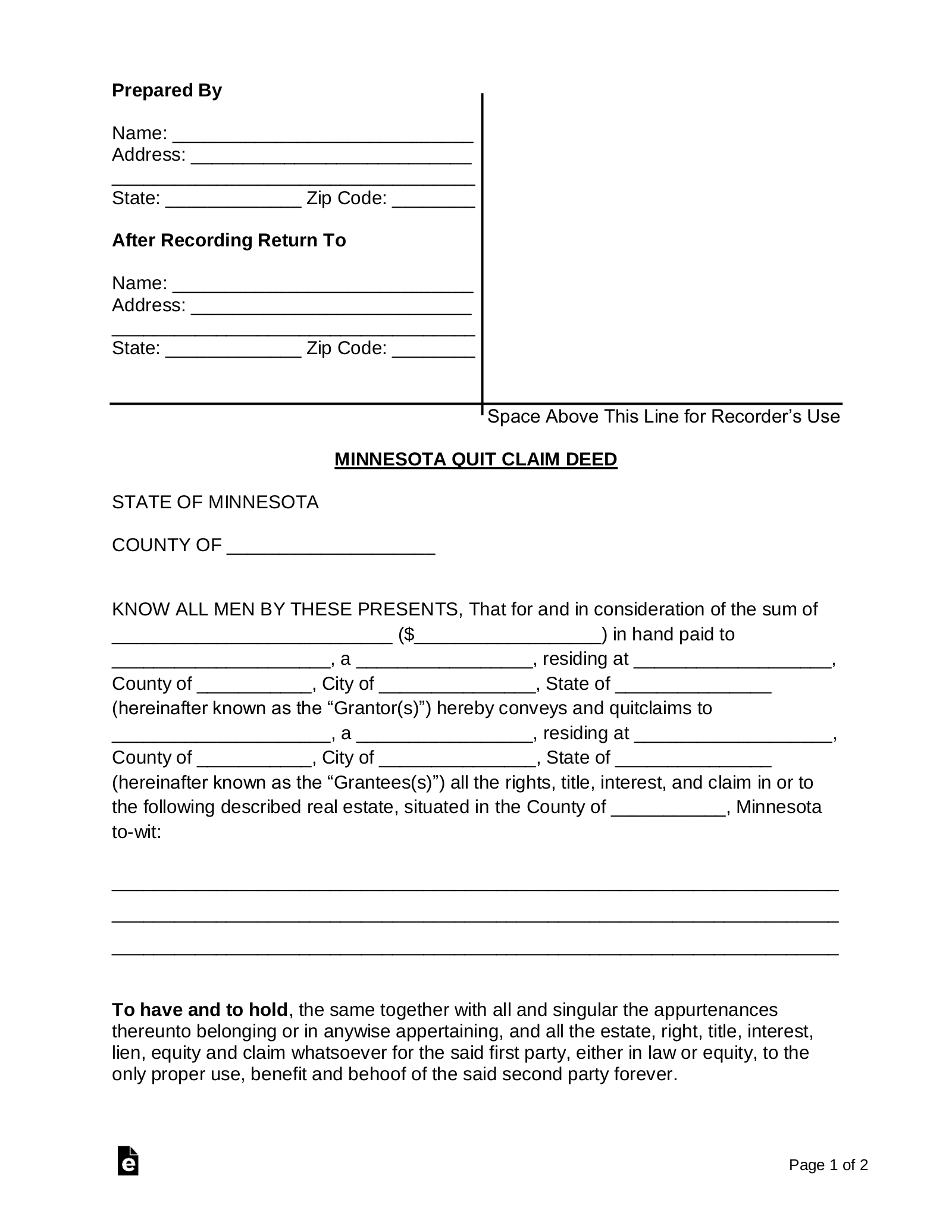 Free Minnesota Quit Claim Deed Form Word PDF EForms