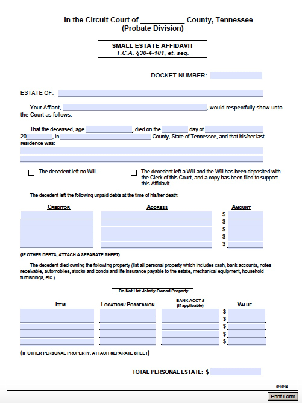 Free Tennessee Small Estate Affidavit Form PDF Word