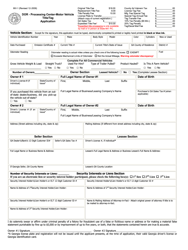 GA MV 1 2009 Fill And Sign Printable Template Online US Legal Forms