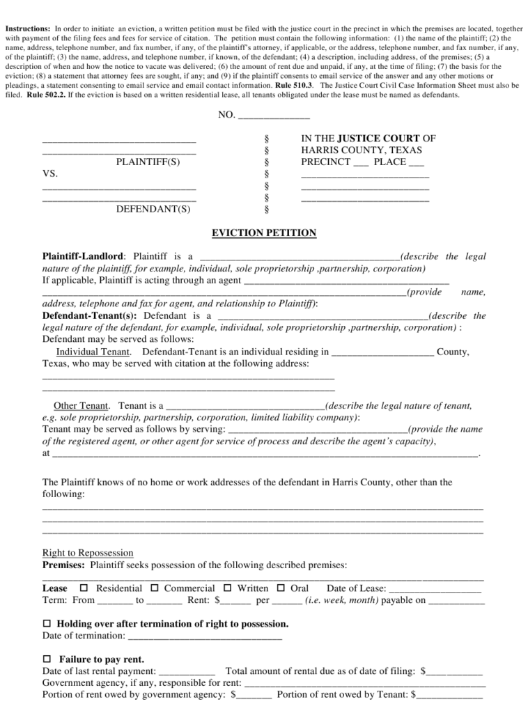 Harris County Texas Eviction Petition Form Download Printable PDF 