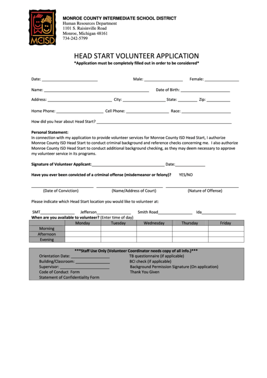 Head Start Volunteer Application Form Printable Pdf Download