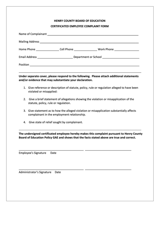 Henry County Board O F Education Certificated Employe E Complaint Form