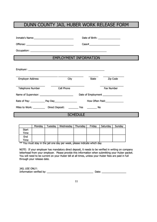 Huber Work Release Form Dunn County Wi Printable Pdf Download