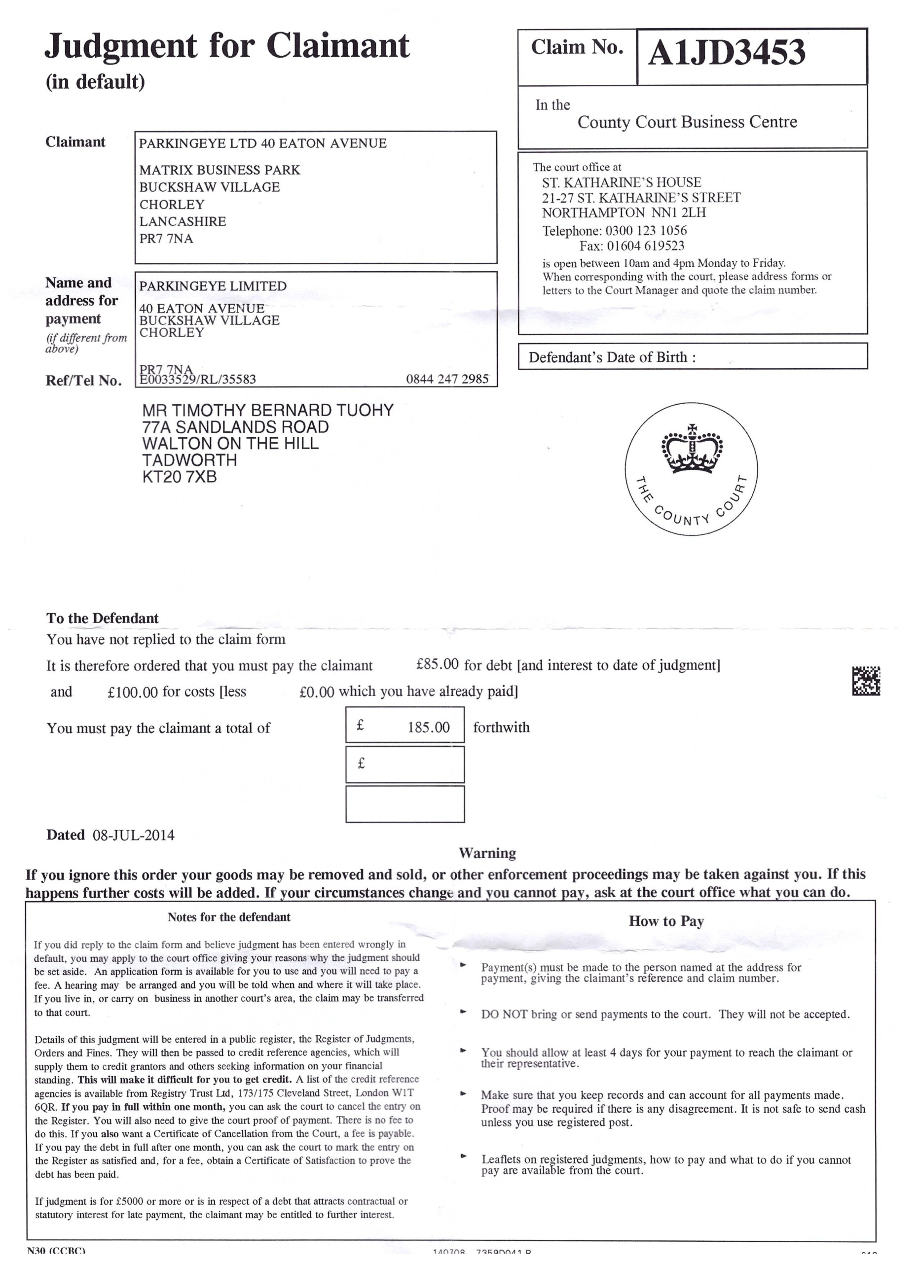 I Have Received A Judgement For Claimant Form From Northampton County 