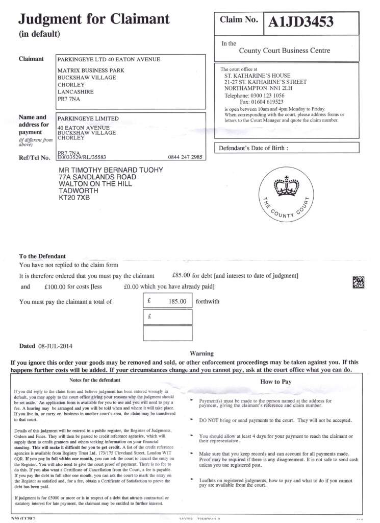 I Have Received A Judgement For Claimant Form From Northampton County 