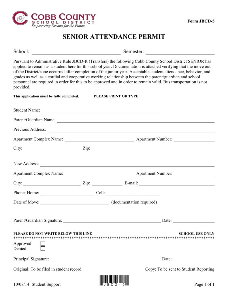 JBCD 5 Senior Attendance Permit