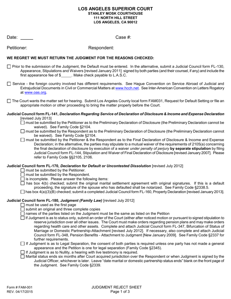 Judgment Reject Sheet Los Angeles Superior Court