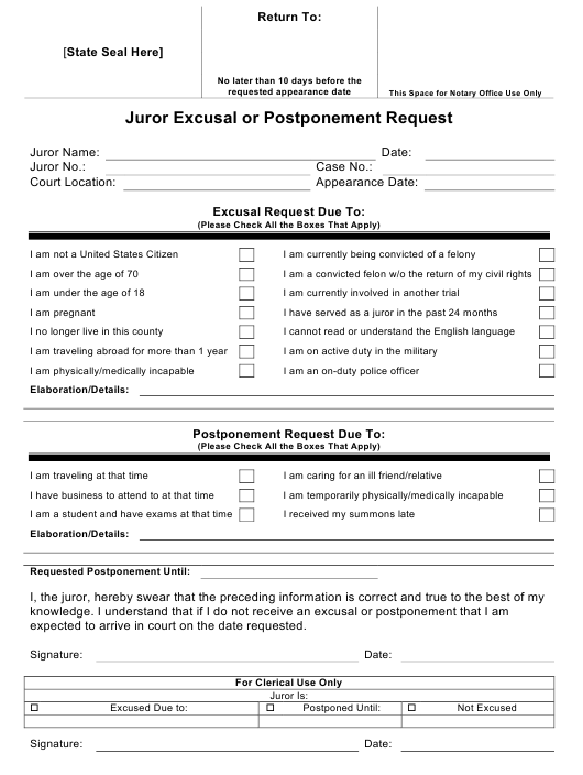 Juror Excusal Or Postponement Request Form Download Printable PDF 