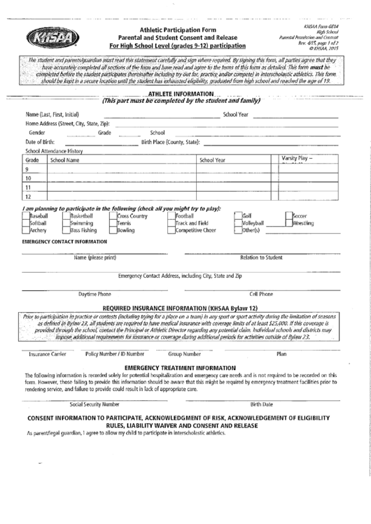 Khsaa Athletic Participation Form Printable Pdf Download