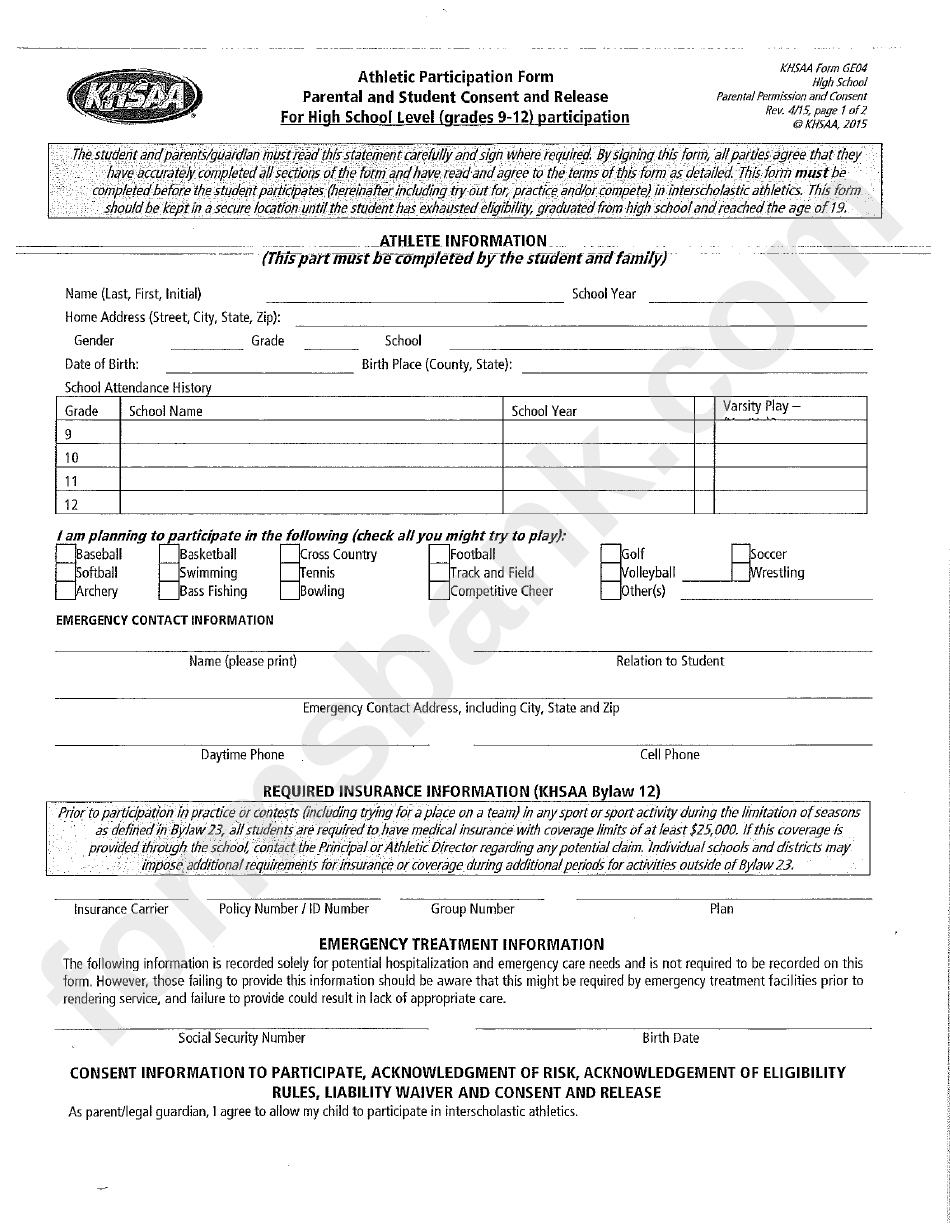 Khsaa Athletic Participation Form Printable Pdf Download