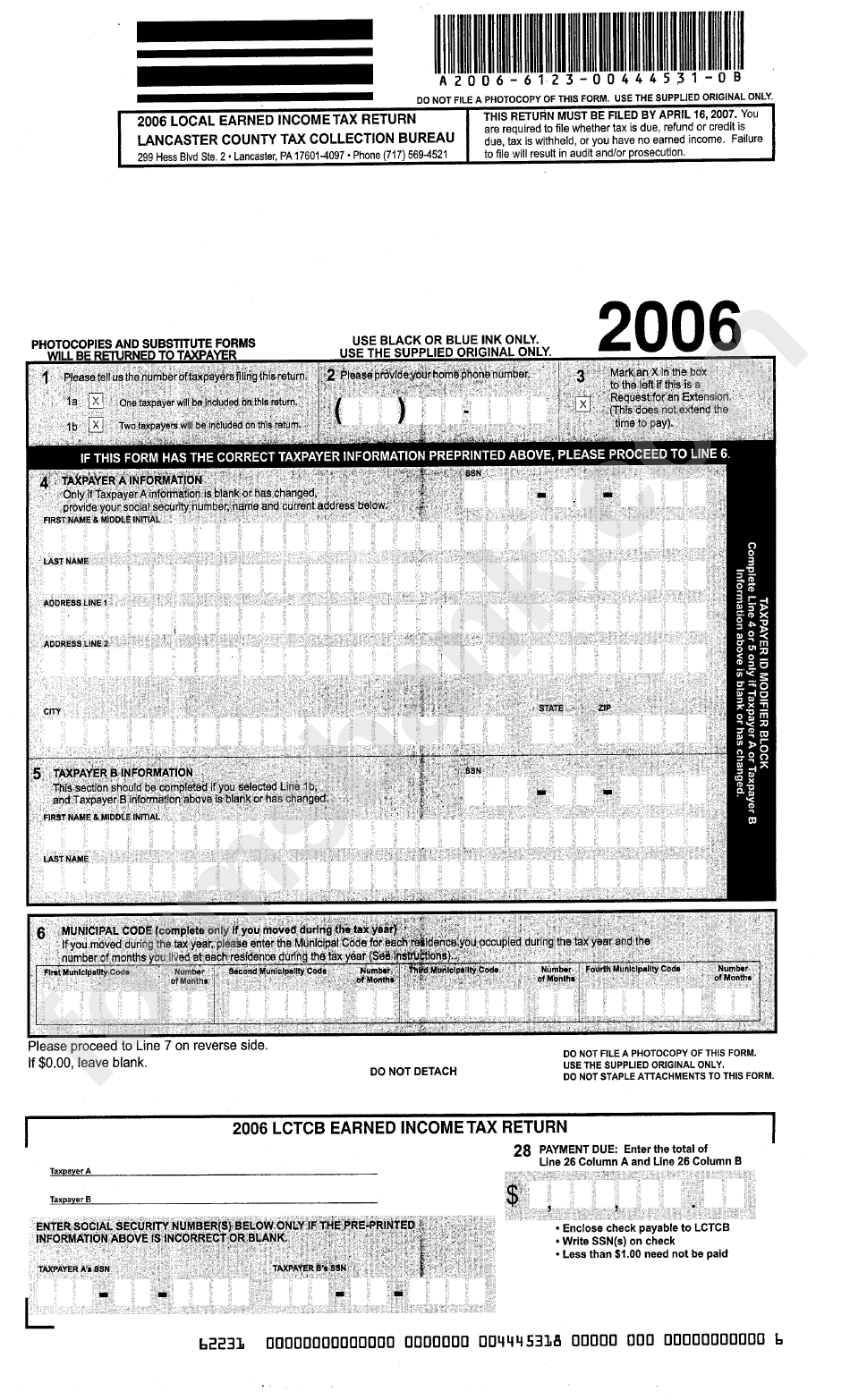 Local Earned Income Tax Return Form 2006 Lancaster County Tax