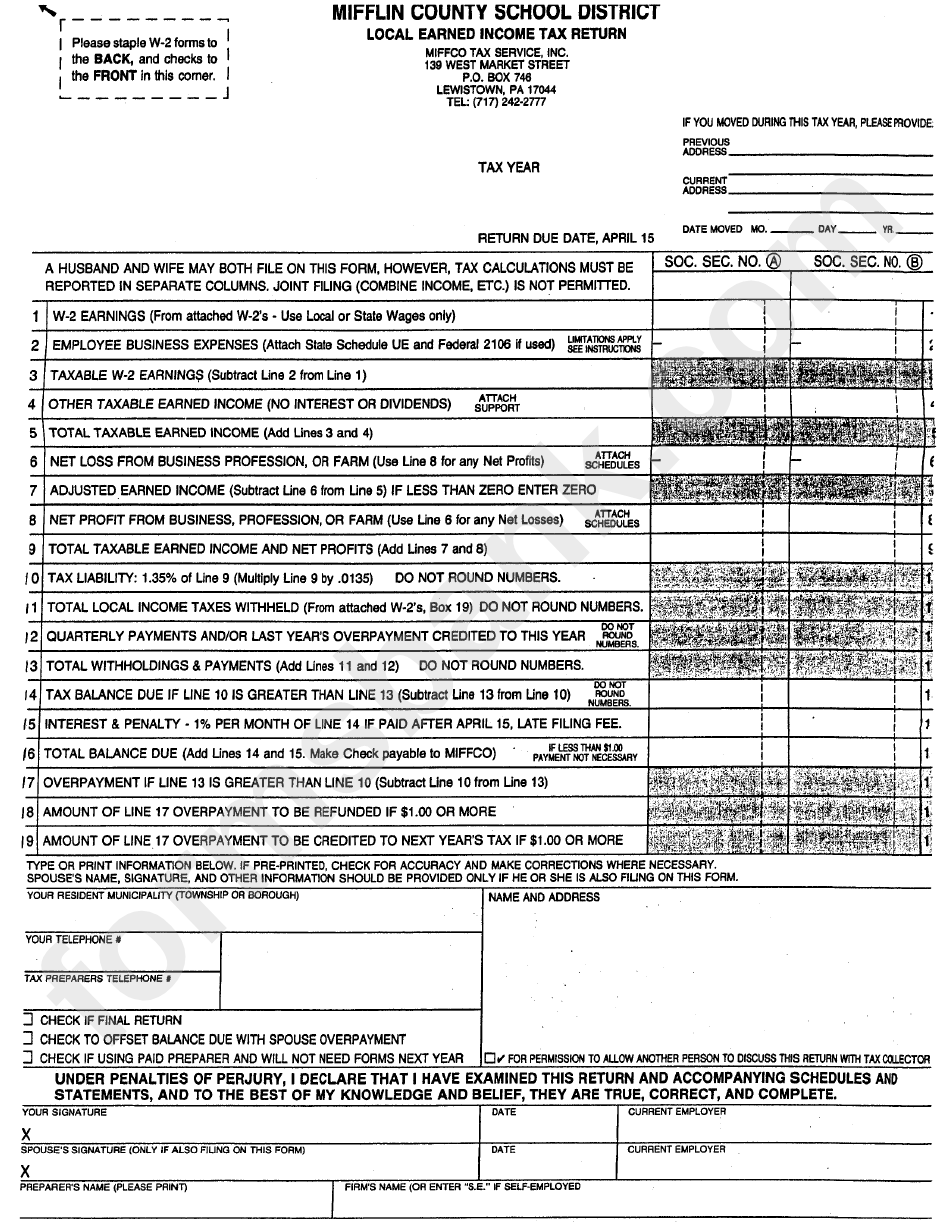 Local Earned Income Tax Return Form Pennsylvania Mifflin County