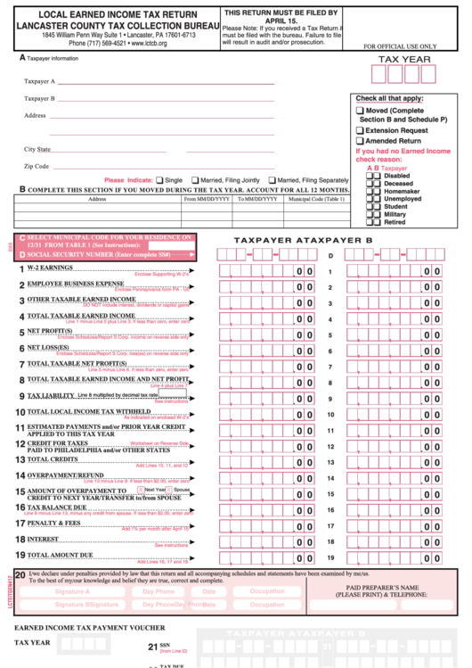 Local Earned Income Tax Return Form Lancaster County 2005 Printable
