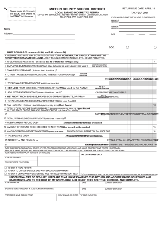 Local Earned Income Tax Return Mifflin County School District 2007 