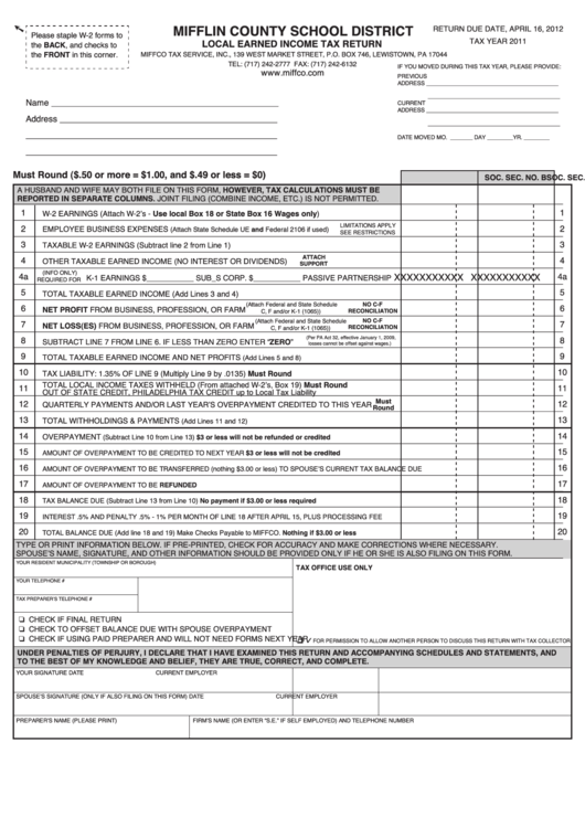 Local Earned Income Tax Return Mifflin County School District 2011 