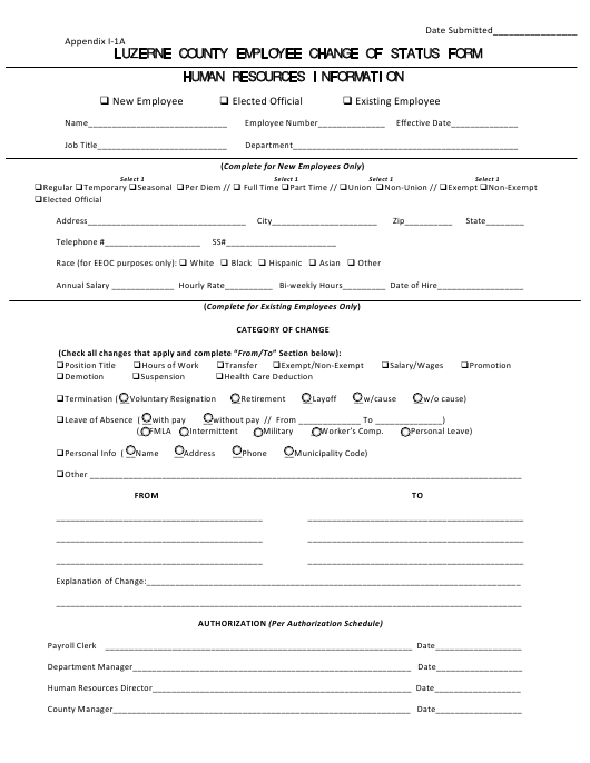 Luzerne County Pennsylvania Employee Change Of Status Form Download 