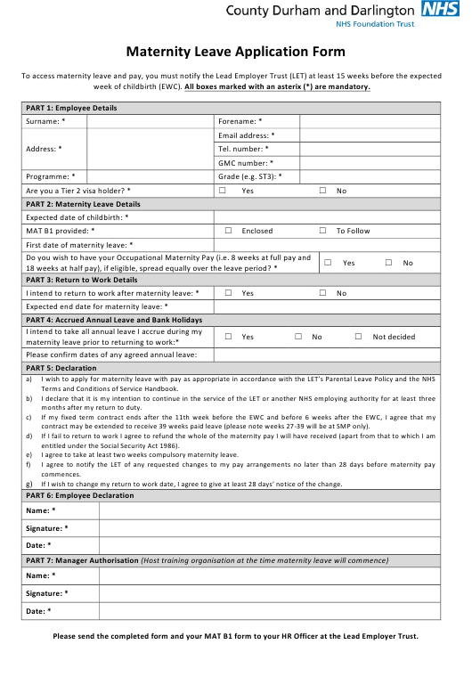 Maternity Leave Application Form Nhs County Durham And Darlington