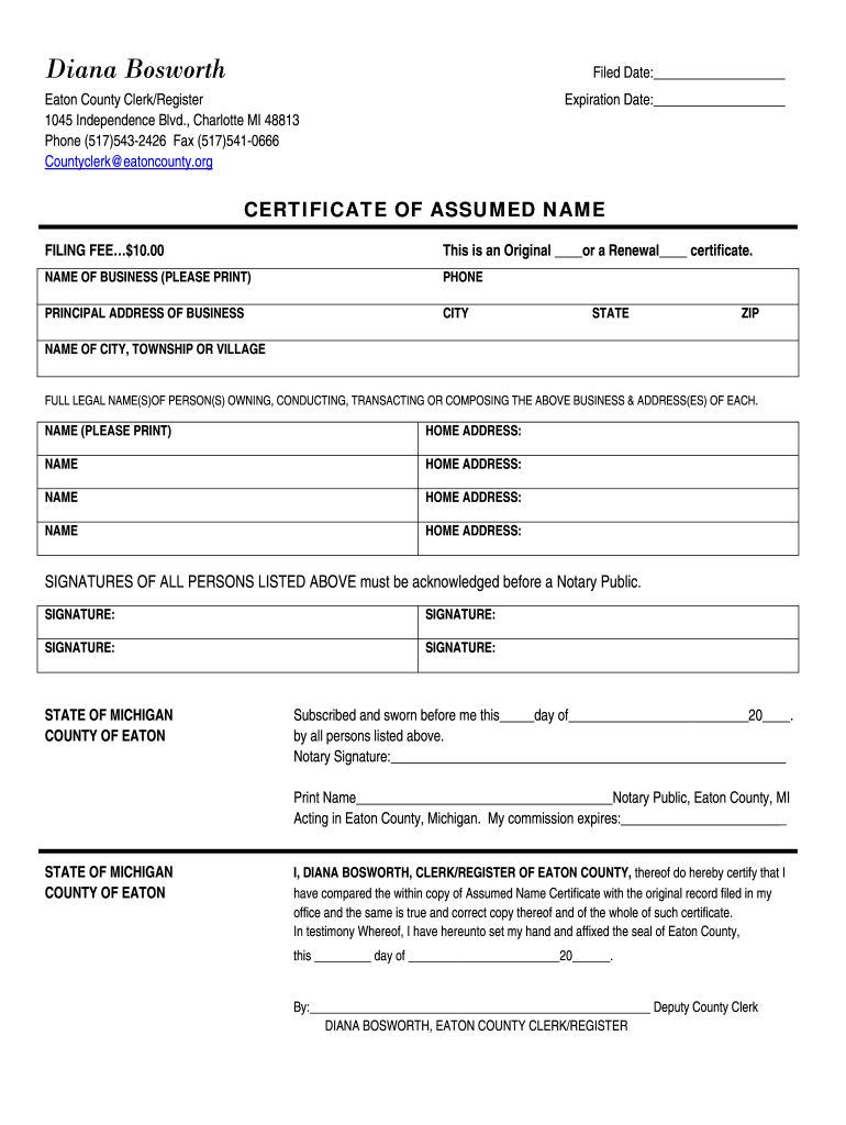 MI Certificate Of Assumed Name Eaton County Fill And Sign Printable 